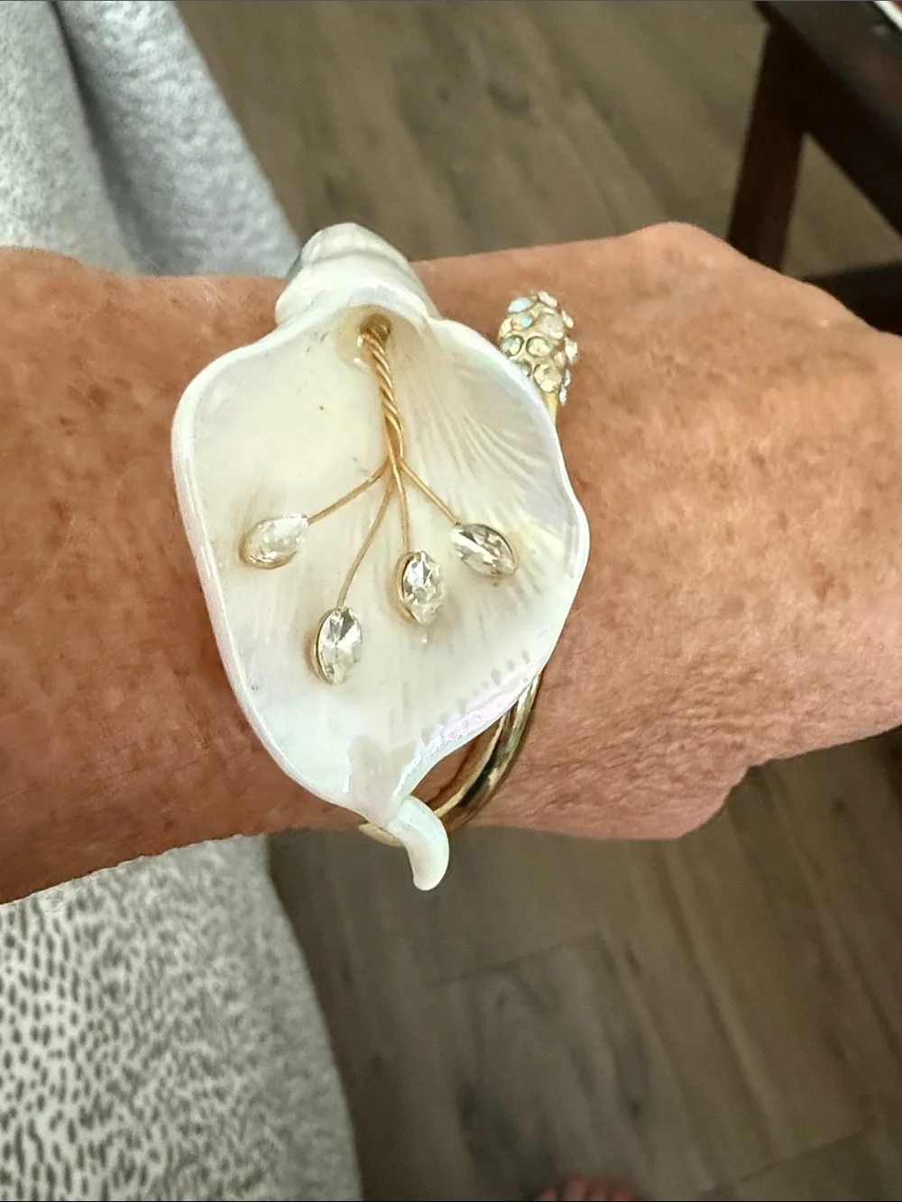 Betsey Johnson White Calla Lily Floral Cuff Bracelet with Gold Accents